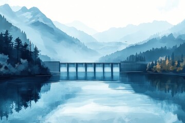 Wall Mural - basic illustration of a river with a hydroelectric dam, water conservation, renewable energy, no log