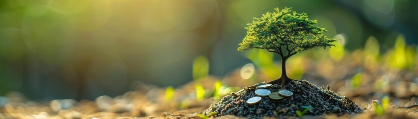 A tree growing from a pile of coins, concept of ecofriendly investment growth, close up, green theme, realistic, double exposure, forest backdrop, copy space for text,