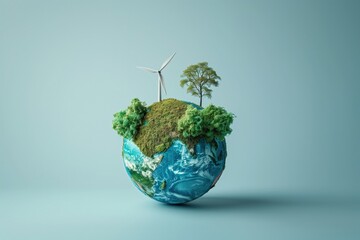 Wall Mural - Minimalist globe with renewable energy elements, Global Sustainability, Conservation, No logo, No Trademark, No text, minimal concept with copy space for stock photo