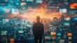 © Vikarest - Silhouette of Man Standing in Front of a Futuristic Cityscape with Data Screens Illustration
