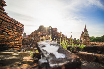 Beautiful historic buildings of Ayutthaya, octagonal pagodas in Wat Phra Mahathat, Thailand.