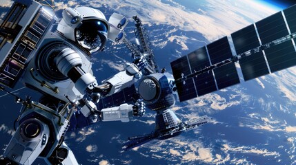 Wall Mural - a futuristic robot conducting maintenance on a high-tech satellite in space.