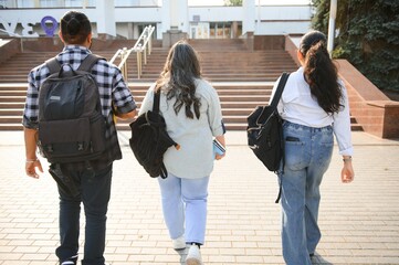 Wall Mural - Three international students standing and holding a books