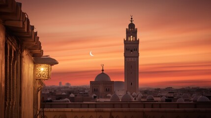 Wall Mural - A Tall Minaret and Dome at Sunset with Crescent Moon