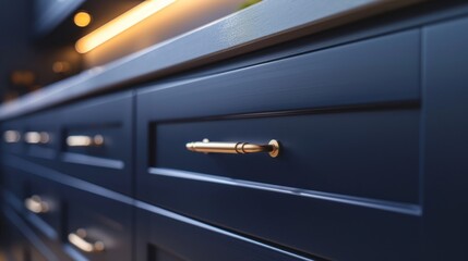 Closeup of a Blue Cabinet Drawer with a Golden Handle