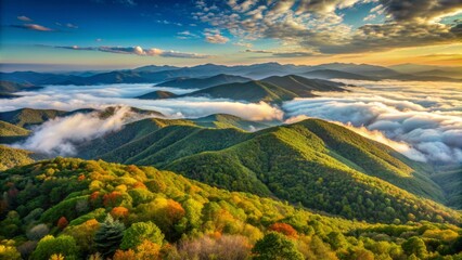 Panoramic view from highest peak in Georgia, Brasstown Bald, featuring rolling hills, misty mountains, and a serene natural landscape atmosphere.