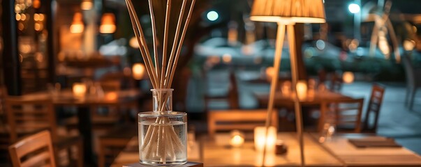 Poster - Reed diffuser on stand table, restaurant at night, living room background, glass lamp, wooden tables, modern decor, high detail photo.