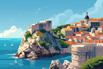 Wall Mural - dubrovnik landmarks, walls of dubrovnik and rectors palace, croatia, minimal flat design illustratio