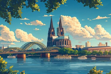 Wall Mural - cologne landmarks, cologne cathedral and hohenzollern bridge, germany, minimal flat design illustrat