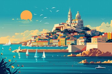 Wall Mural - marseille landmarks, old port and notre dame de la garde, france, minimal flat design illustration, 