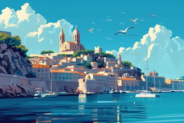 Wall Mural - marseille landmarks, old port and notre dame de la garde, france, minimal flat design illustration, 