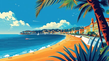 Wall Mural - nice landmarks, promenade des anglais and castle hill, france, minimal flat design illustration, no 