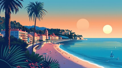 Wall Mural - nice landmarks, promenade des anglais and castle hill, france, minimal flat design illustration, no 