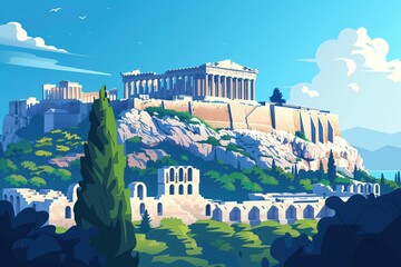 Wall Mural - athens landmarks, acropolis and ancient agora, greece, minimal flat design illustration, no logo, no