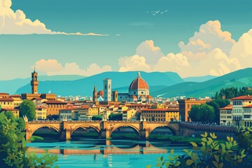 Wall Mural - florence landmarks, duomo and ponte vecchio, italy, minimal flat design illustration, no logo, no tr