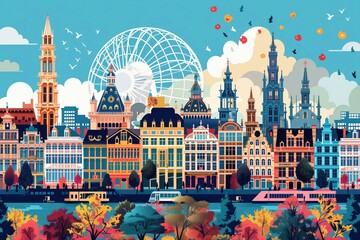 Wall Mural - brussels landmarks, atomium and grand place, belgium, minimal flat design illustration, no logo, no 