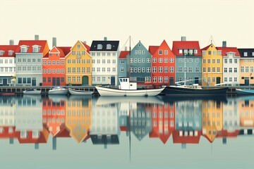 Wall Mural - copenhagen landmarks, little mermaid and nyhavn, denmark, minimal flat design illustration, no logo,