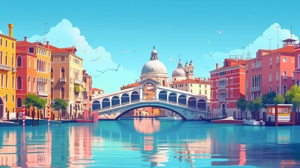 Wall Mural - venice landmarks, st marks basilica and rialto bridge, italy, minimal flat design illustration, no l