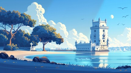 Wall Mural - lisbon landmarks, belem tower and jeronimos monastery, portugal, minimal flat design illustration, n