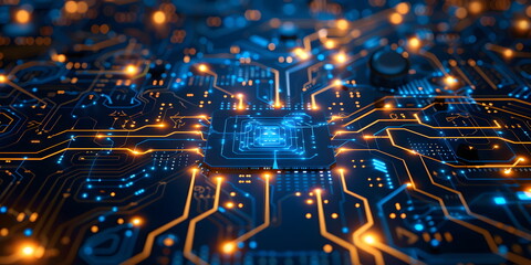 Blue circuit board and technology elements, futuristic and reliable feel, emphasizes modernity and reliability in technology. Hi-tech digital network concept for web design, banner or presentation.