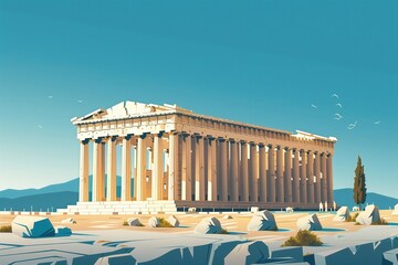 Wall Mural - athens landmarks, parthenon and temple of olympian zeus, greece, minimal flat design illustration, n