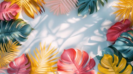 trendy summer Bali style floral patter background , colorful leaves palm shape art wallpaper. Summer colors botanical tropical leaves, sun light and shadows, pink,yellow pink blue leaf