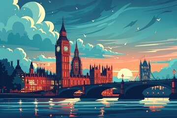 Wall Mural - london landmarks, big ben and tower bridge, united kingdom, minimal flat design illustration, no log