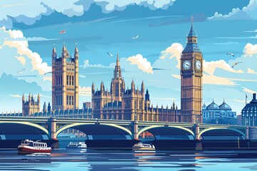 Wall Mural - london landmarks, big ben and tower bridge, united kingdom, minimal flat design illustration, no log