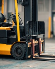 Forklift in warehouse. Forklift driver preparing products for shipment, delivery, checking stock in warehouse.