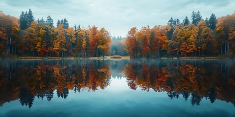 Canvas Print - Autumn Forest Reflection in a Misty Lake - Digital Painting