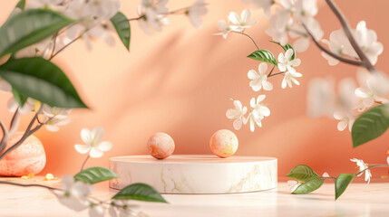 Marble stone podium stand for cosmetics on a light peach abstract background. Decorate with peach blossoms and fresh green leaves for a delicate and charming look.