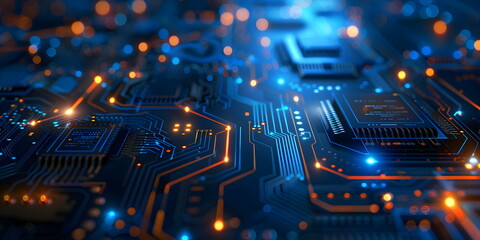 Blue circuit board and technology elements, futuristic and reliable feel, emphasizes modernity and reliability in technology. Hi-tech digital network concept for web design, banner or presentation.