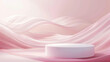 © AI_images_for_people - A smooth cylindrical podium is placed against a pink pastel background with abstract, wavy lines. Soft, white studio lighting creates a gentle, serene setting, perfect for product display.