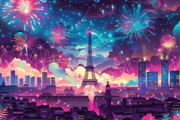 Celebratory colorful fireworks over the Eiffel Tower in Paris, France
