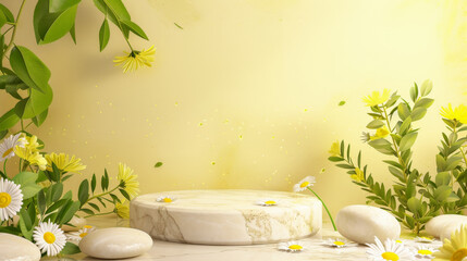 Marble stone podium stand for cosmetics on a soft pastel yellow abstract background. Decorate with yellow daisies and light green leaves for a cheerful and bright appearance.