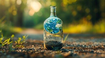 Wall Mural - A glass bottle with an earth design inside that is set on a moist