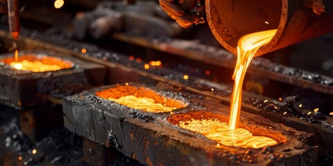 Aufkleber - Steel foundry with molten metal pouring into molds for casting