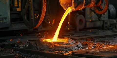 Aufkleber - Steel foundry with molten metal pouring into molds for casting