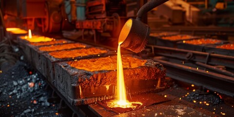Aufkleber - Steel foundry with molten metal pouring into molds for casting