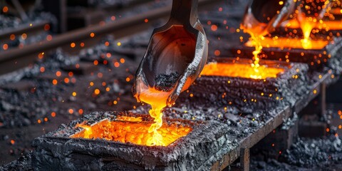 Aufkleber - Steel foundry with molten metal pouring into molds for casting