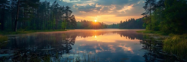 Wall Mural - Forest Lake Sunset Reflection - Digital Painting