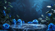 © AI_images_for_people - Marble stone podium stand for cosmetics on a rich royal blue abstract background. Surround with blue roses and deep green leaves for a sophisticated and elegant display.