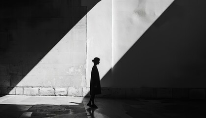 A solitary figure stands in shadows, embodying introspection and solitude against geometric light patterns.