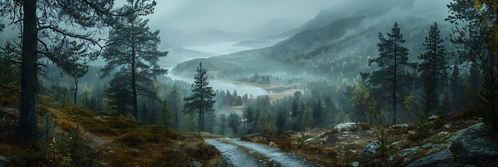 Canvas Print - Misty Forest Path Leading to a Hidden Lake Illustration