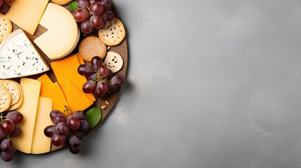 Wall Mural - plate with cheese selection, top view with copy space on dark table