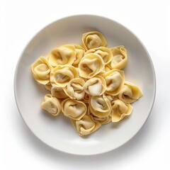 Medium shot of Tortellini pasta on a plate side view, isolated on a white background,  