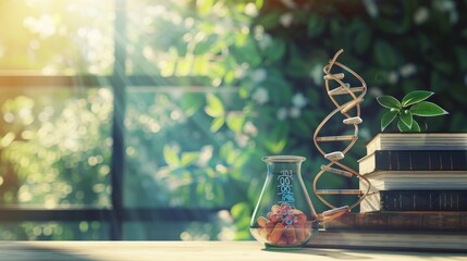 A DNA model, books, and a flask with flowers sit on a table by a window with a green blurred background.