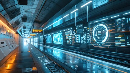 Wall Mural - a high-tech subway station with ai-based security and information systems, featuring interactive tou