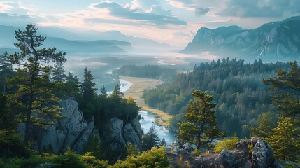 Canvas Print - Mountain Valley Landscape With Misty River and Pine Trees - Illustration