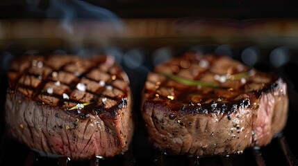 Wall Mural - Two perfectly grilled steaks with grill marks, sizzling on a barbecue. Steakhouse quality. Culinary delight. Close-up shot.